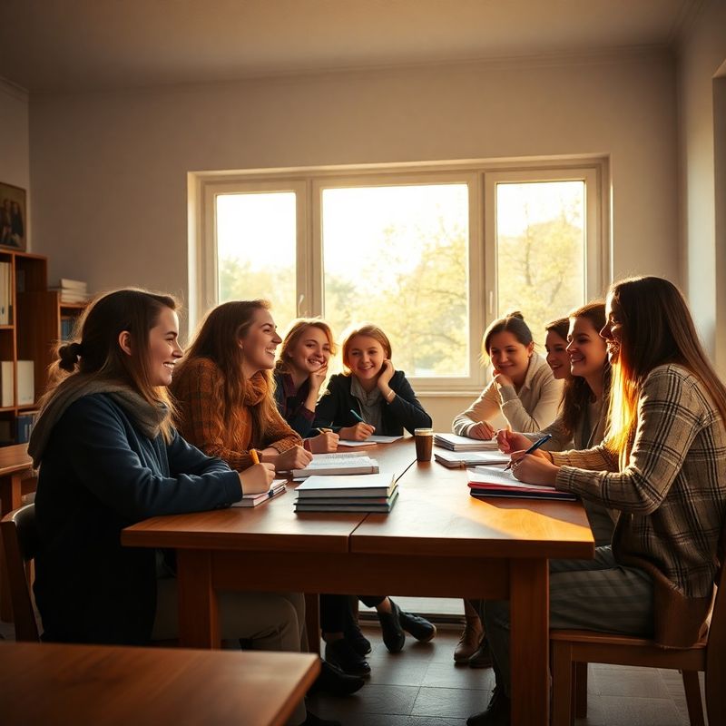 Elevi din Iași studiind împreună într-o sală luminoasă, în tonuri azurii