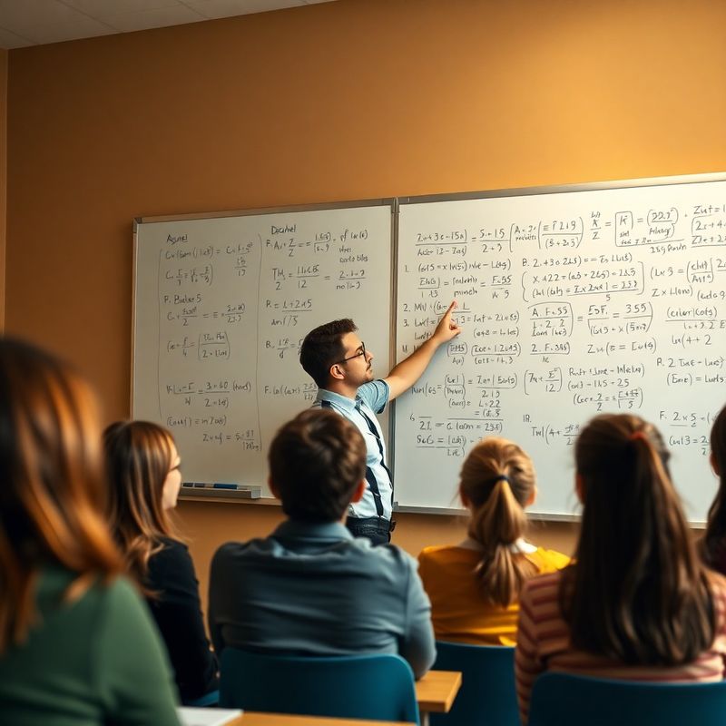Profesor explicând formule matematice unui grup mic de elevi atenți