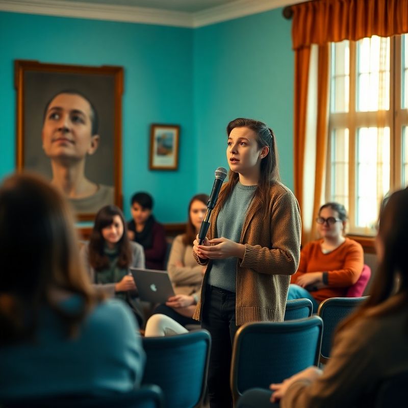 Absolvent tânăr prezentând în fața unui public de elevi