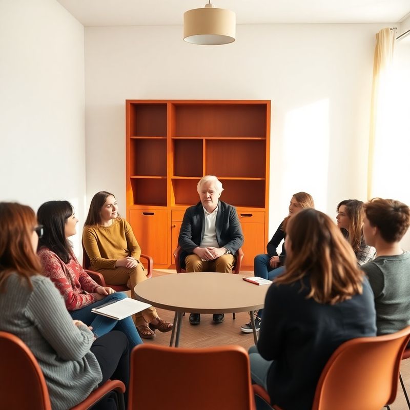 Grup mic de studenți și profesor în cerc de discuție într-o sală azurie