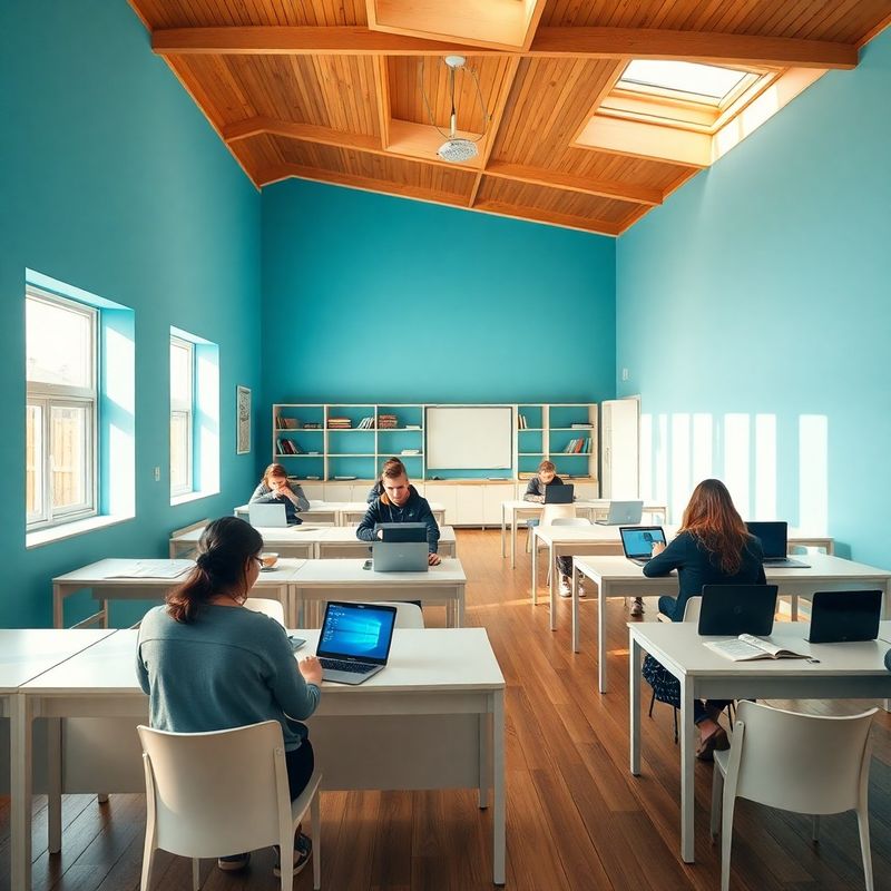 Interior modern al sălii de studiu, cu pereți azurii și mobilier alb cald