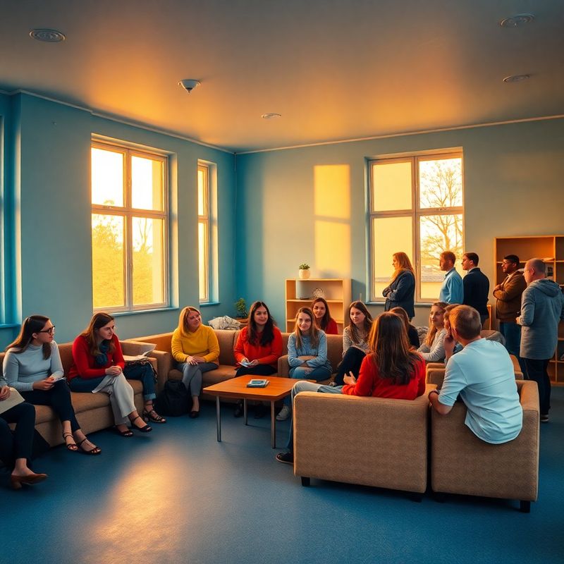 Elevi și profesori într-o sală comună azurie, la un eveniment informal